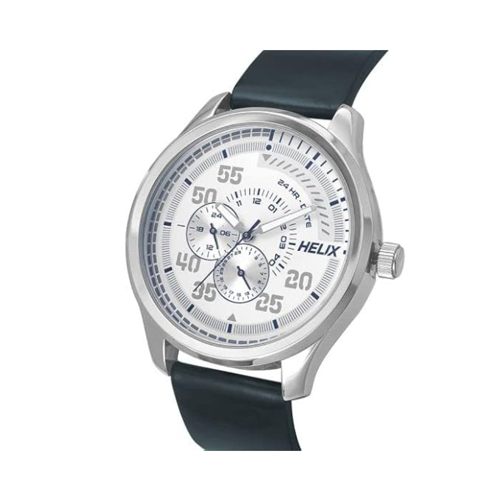 Helix By Timex Silver Round Analog Leather Watch Men -TW043HG07