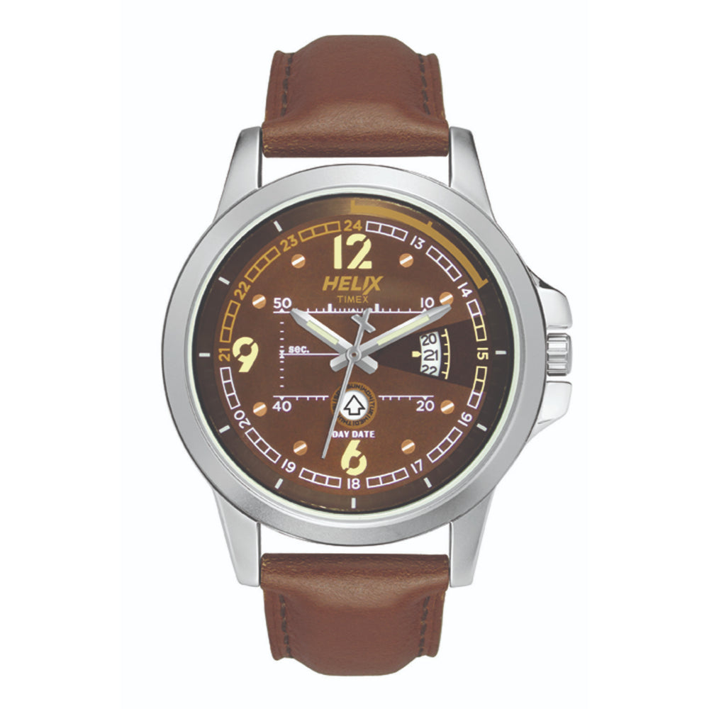 Helix By Timex Brown Round Analog Leather Watch Men -TW023HG11