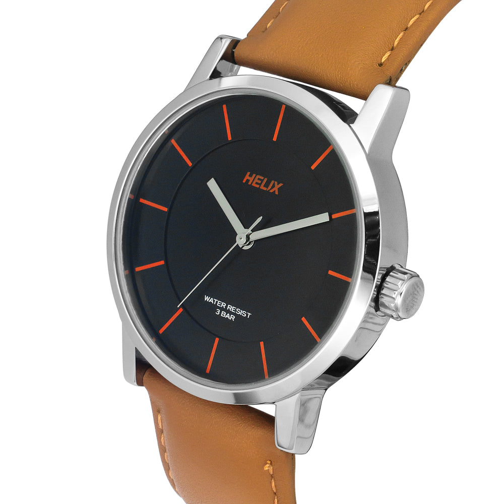 Helix By Timex Black Round Analog Leather Watch Men -TW035HG08