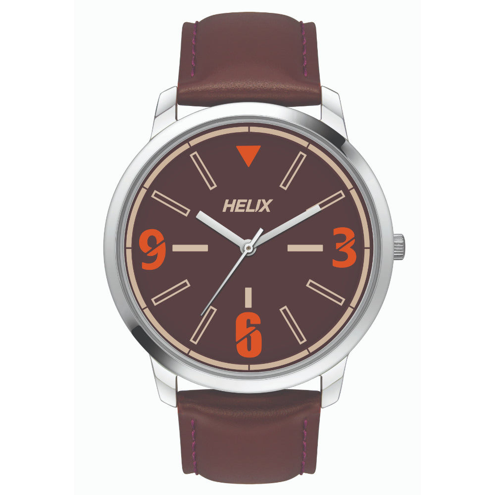 Helix By Timex Brown Round Analog Leather Watch Men -TW039HG00