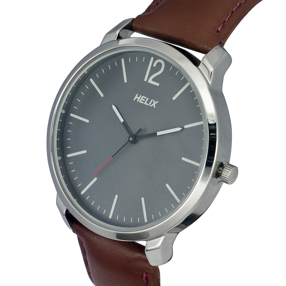 Helix By Timex Grey Round Analog Leather Watch Men -TW039HG08