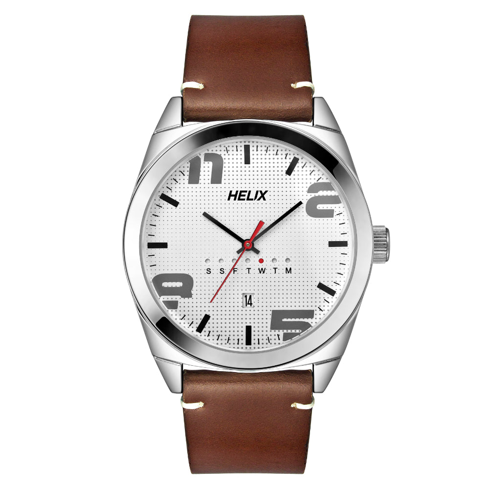 Helix By Timex Silver Round Analog Leather Watch Men -TW044HG00