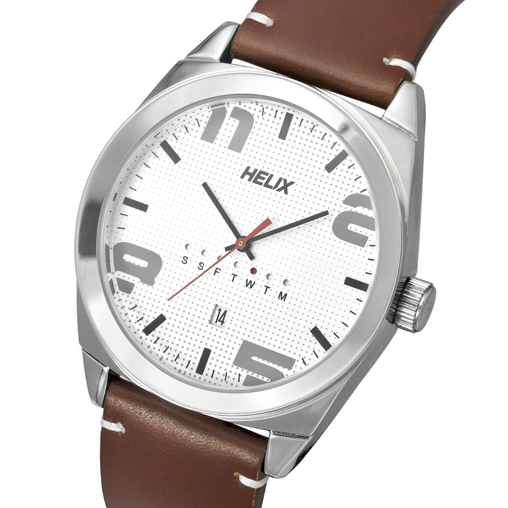 Helix By Timex Silver Round Analog Leather Watch Men -TW044HG00
