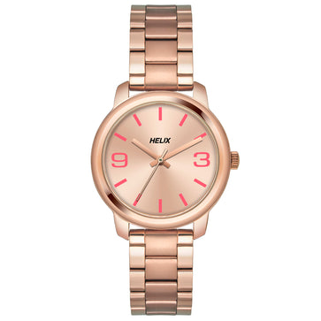 Helix By Timex Rose Gold Round Analog Brass Watch Women -TW048HL07