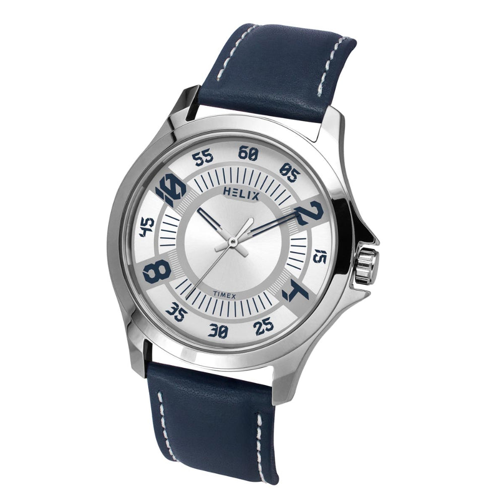 Helix By Timex Silver Round Analog Leather Watch Men -TW055HG00