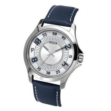 Helix By Timex Silver Round Analog Leather Watch Men -TW055HG00