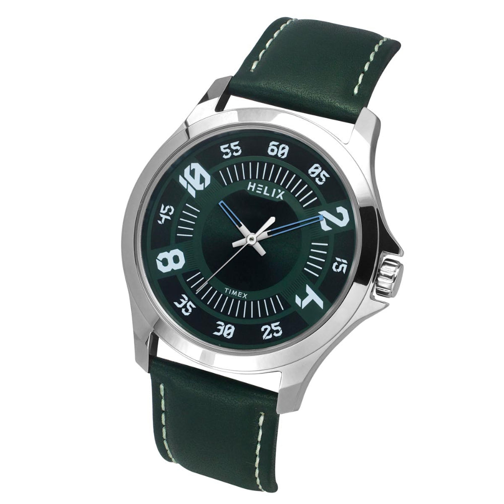 Helix By Timex Green Round Analog Leather Watch Men -TW055HG02