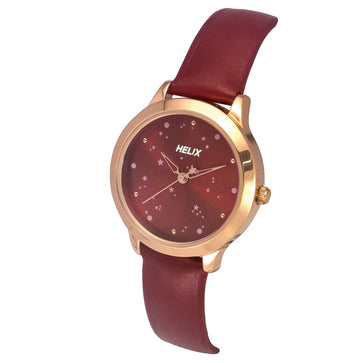 Helix By Timex Maroon Round Analog Leather Watch Women -TW022HL31