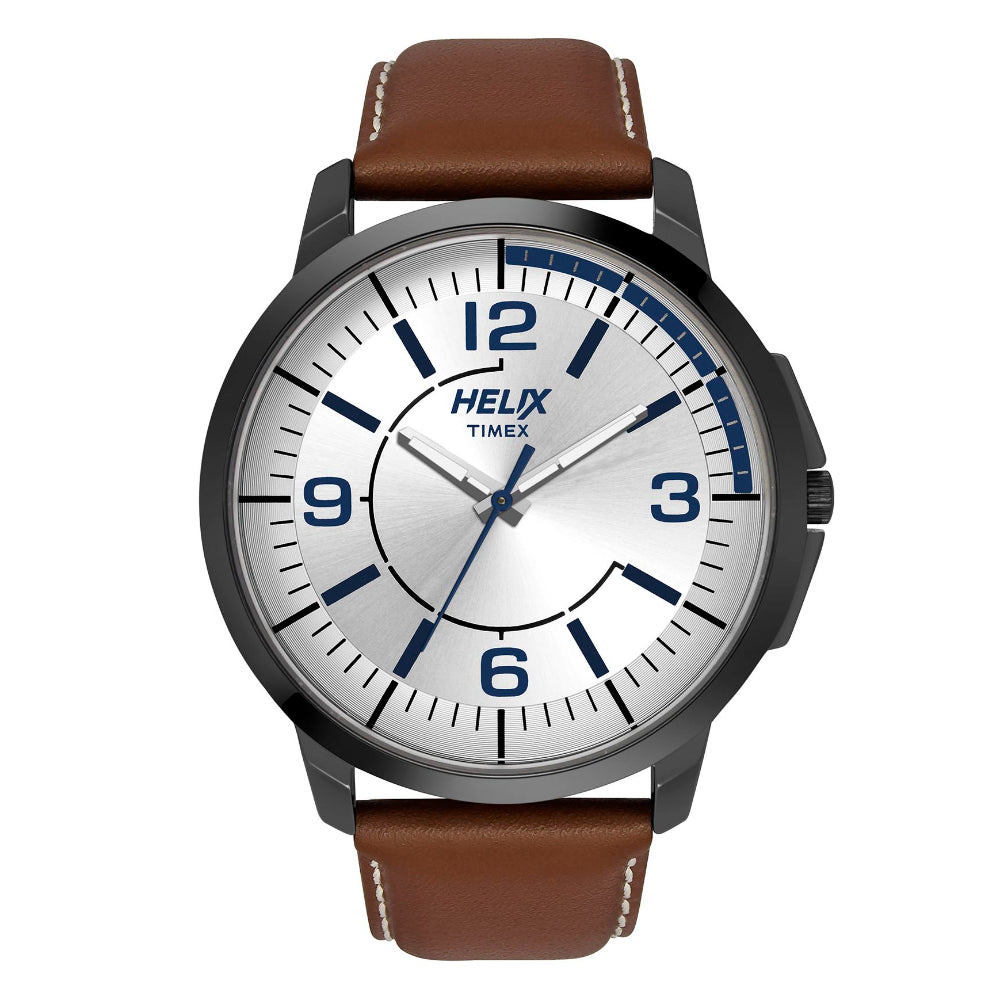 Helix By Timex Silver Round Analog Leather Watch Men -TW027HG14