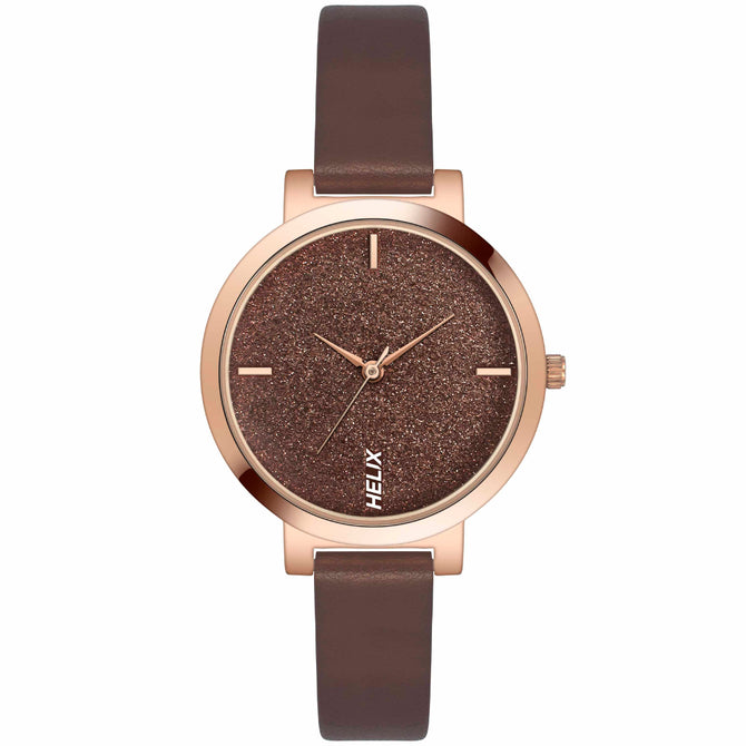 Helix By Timex Brown Round Analog Leather Watch Women -TW041HL20