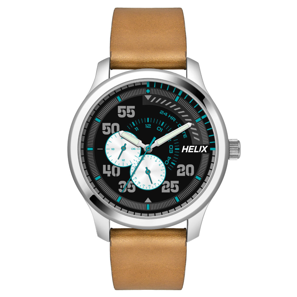 Helix By Timex Black Round Analog Leather Watch Men -TW043HG08