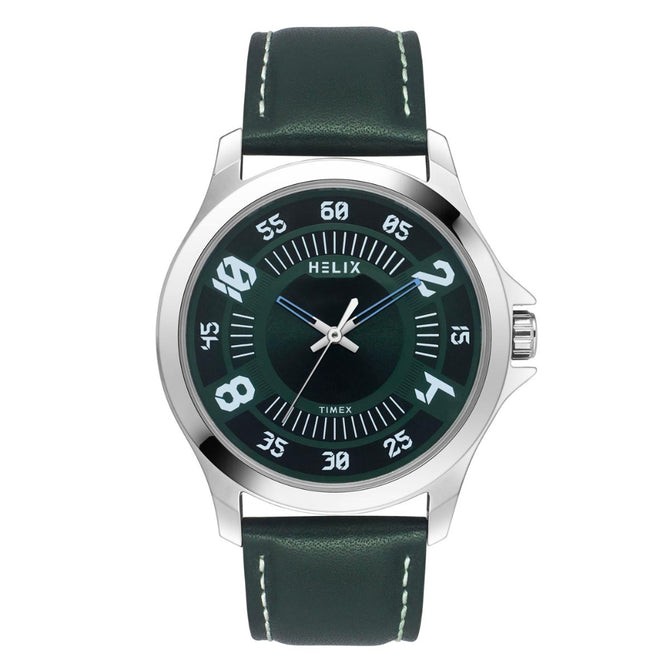 Helix By Timex Green Round Analog Leather Watch Men -TW055HG02