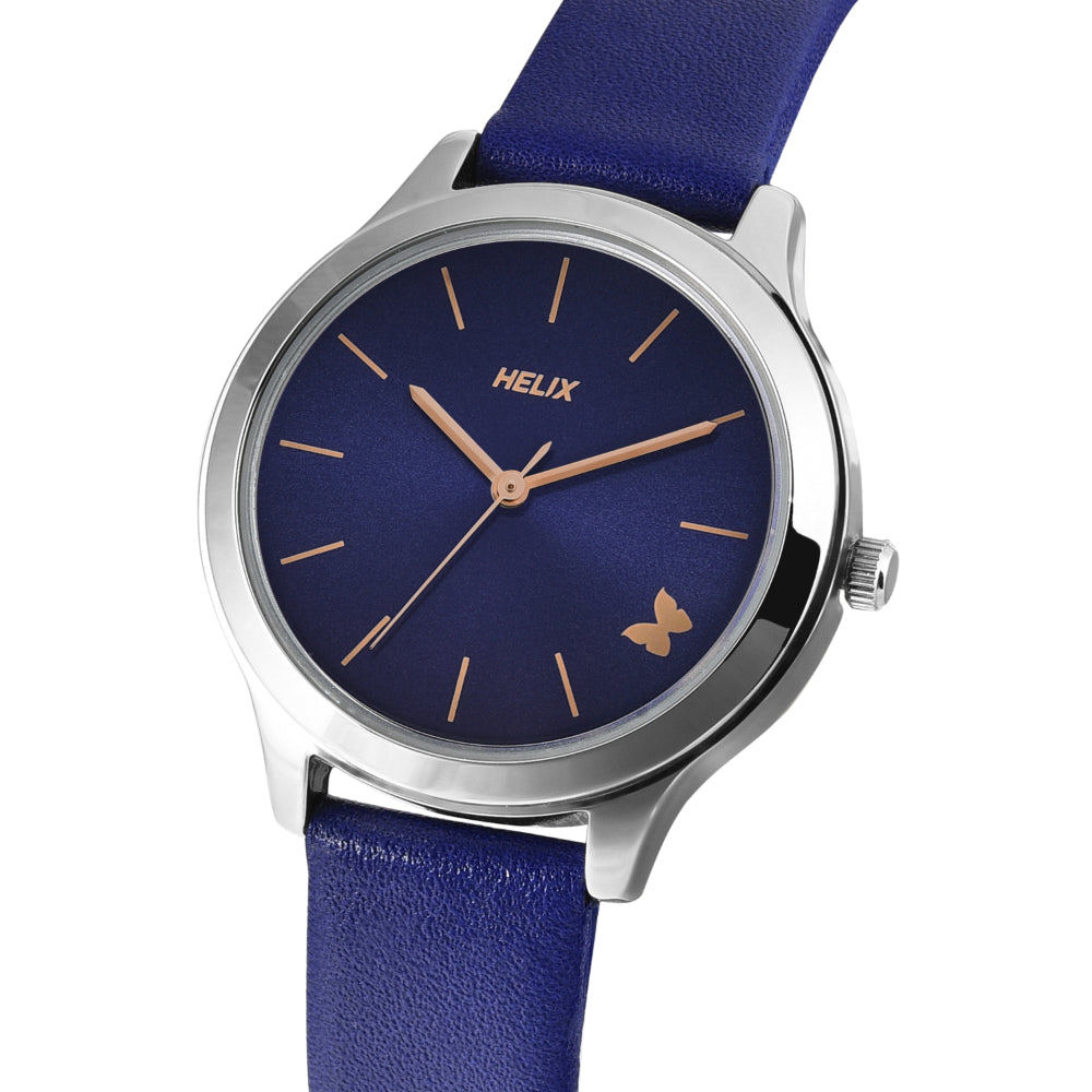 Helix By Timex Blue Round Analog Leather Watch Women -TW055HL00