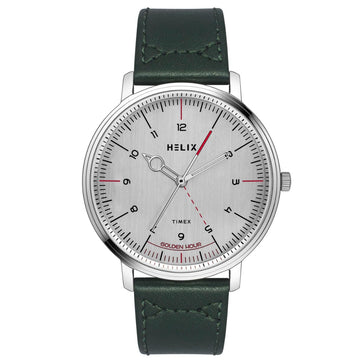 Helix By Timex Silver Round Analog Leather Watch Men -TW056HG01