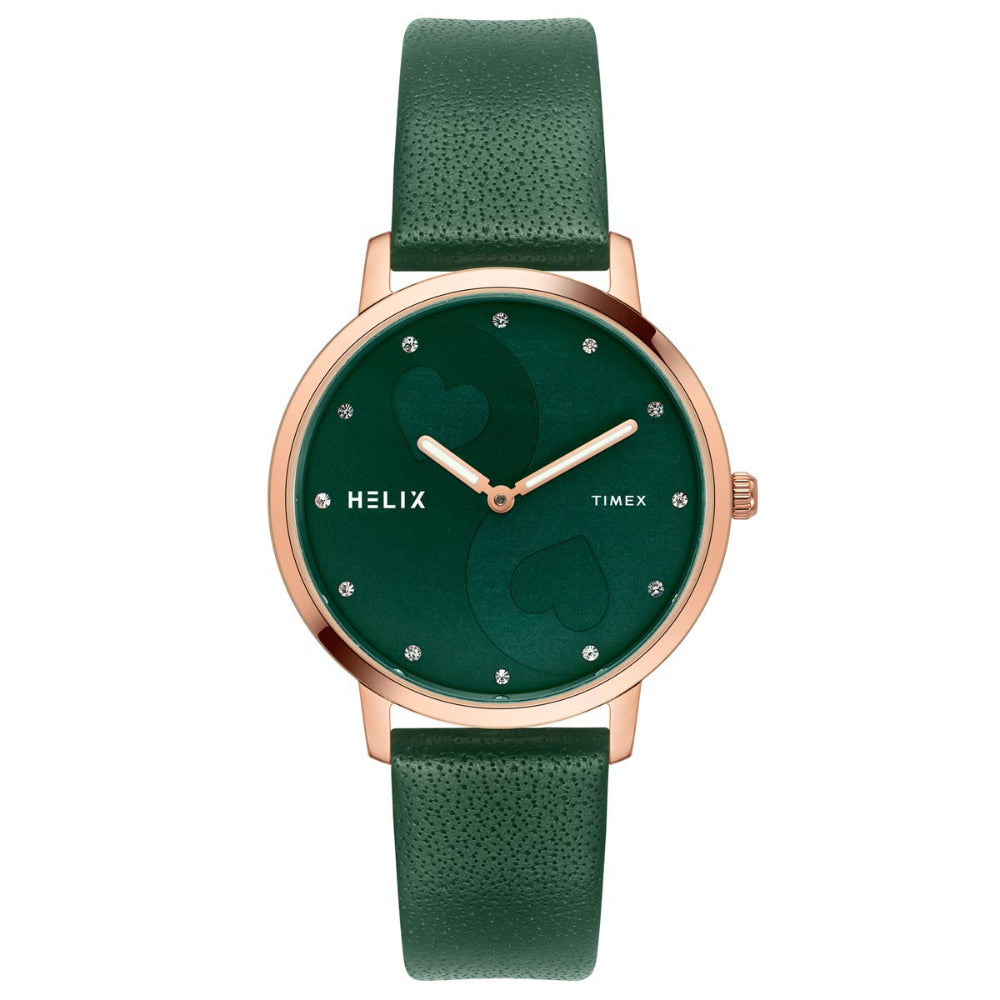 Helix By Timex Green Round Analog Leather Watch Women -TW056HL07T