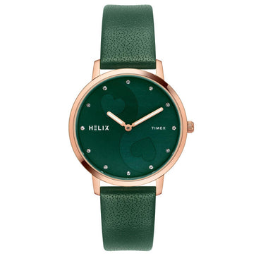 Helix By Timex Green Round Analog Leather Watch Women -TW056HL07T